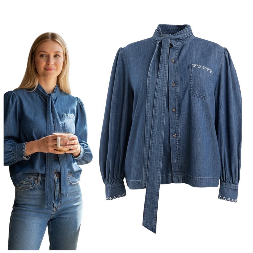 Seventy + Mochi Poet Denim Blouse Small Tie Neck Chambray Shirt NWT